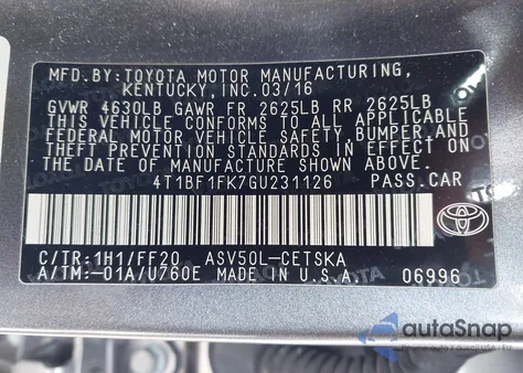 2016 Toyota Camry Se from USA, damaged, VIN 4T1BF1FK7GU231126
